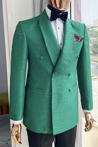 Stylish Bright Green Jacquard Double Breasted Custom High Men Suits