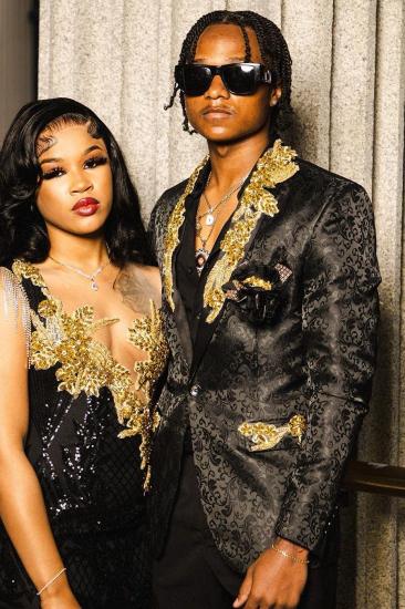 Generous Black Jacquard Shawl Lapel Beading Two Pieces Prom Suits_2