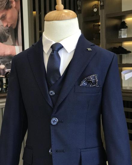 Navy Blue Slim Fit Lapel Jacket Trousers Children Suit | Boys Single Breasted Three Piece Suit_3