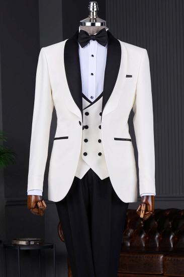Men White Tuxedo 3 Piece Suit Black Lapel Formal Wedding Dinner Party Suit_1
