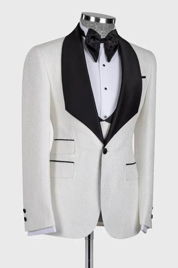 White Jacquard Three Pieces Shawl Lapel Wedding Suits_2