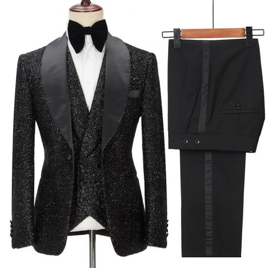 Kane Sparkly Black Three Piece Shawl Lapel Custom Mens Wedding Suit_2