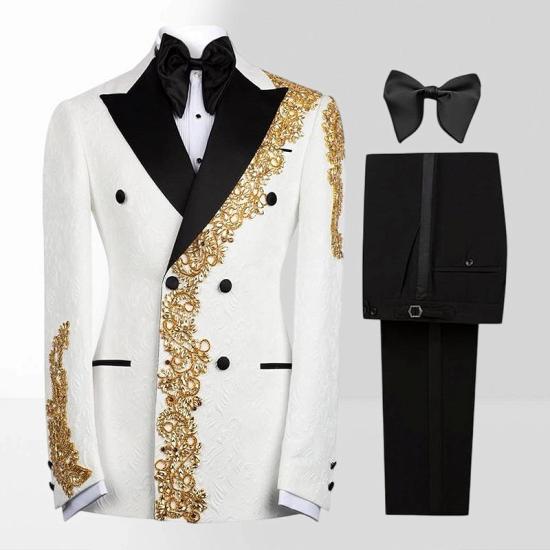 Men's White Double-Breasted Tuxedo with Gold Embroidery Two Piece Prom Suit | Bradymensuit_5