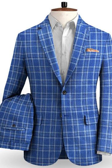 Ocean Blue Check Business Mens Suit | Formal Linen Notched Lapel Tuxedo_2