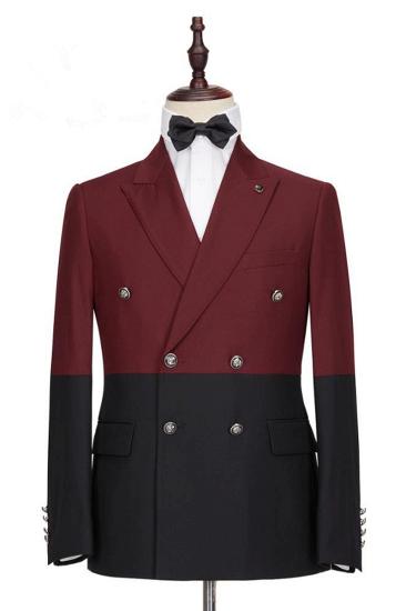 Burgundy and Black Double Breasted Point Lapel Men Prom Jacket_1