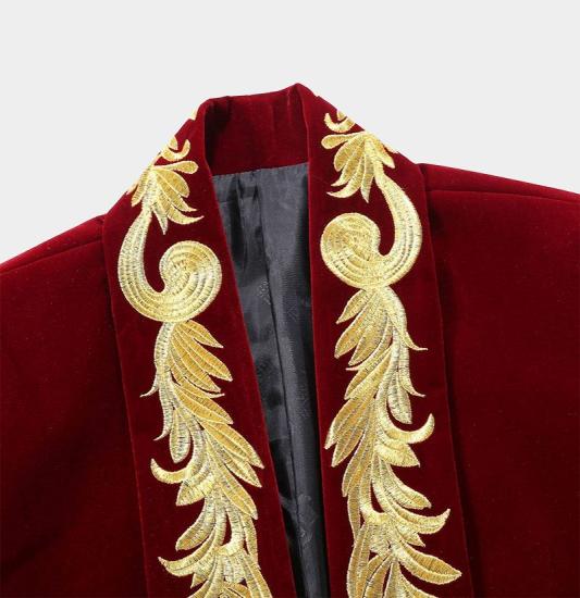 Burgundy Velvet Boyfriend Blazer | Gold Embroidered Tuxedo Jacket for Prom_3