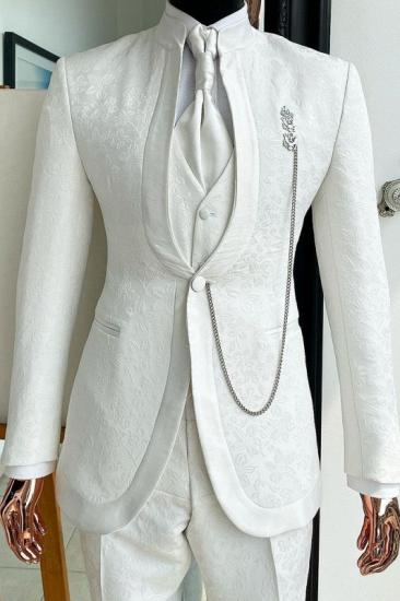 Stylish White Jacquard Wedding Three Piece Suit For Men_1