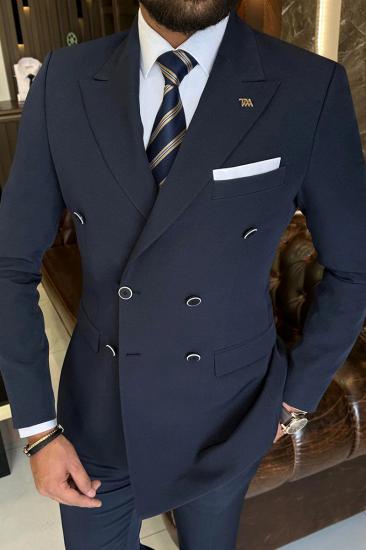 Italian Simple Navy Blue Pointed Collar Double Breasted Two Piece Slim Fit Suits_1