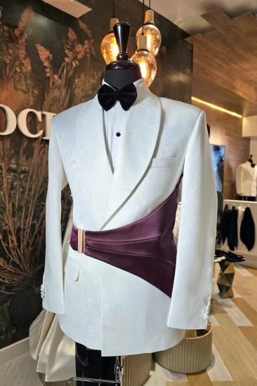 White Jacquard Tuxedo With Burgundy Sash Custom Men Suit For Wedding Prom