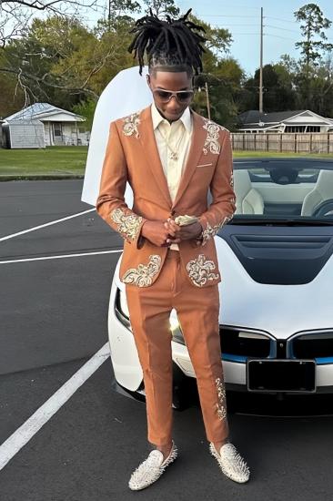 Tony Classical Dark Orange Notched Lapel Two Piece Prom Suits With Appliques_1