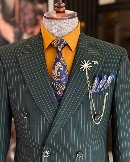 Dark Green Gold Striped Men Double Breasted Dinner Two Piece Suits_3