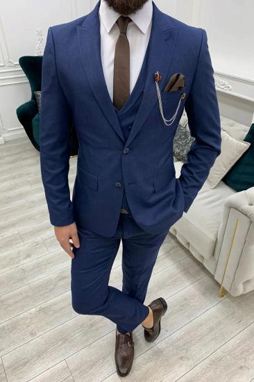 Navy Blue Slim Fit Wool Blend Single Button Mens Three Piece Suit_2