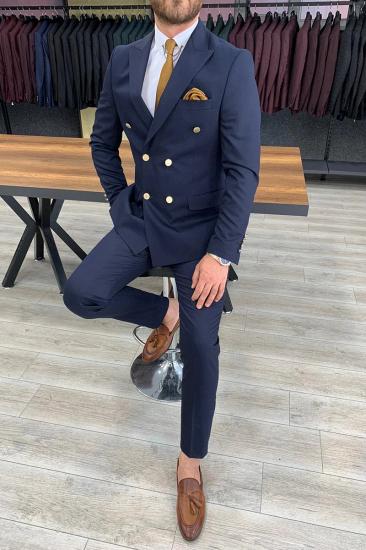 Brady Navy Blue Slim Fit Wool Blend Men Double Breasted Two Piece Wedding Suit | Metal Buttons With Silk Lining_2