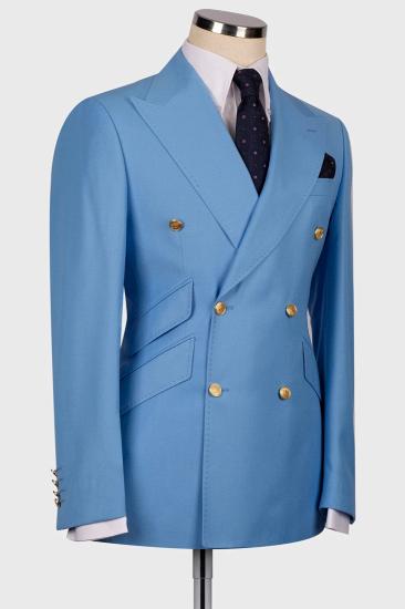 Ocean Blue Three Piece Slant Pockets Double Breasted Business Suit_2