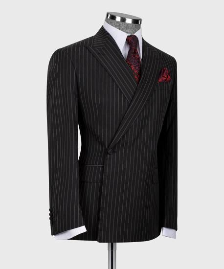 Black Striped One Button Peak Collar Business Mens Two Piece Suit_3