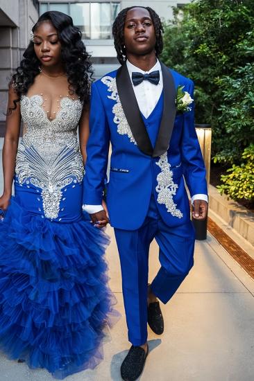 Royal Blue Three Pieces Shawl Lapel Prom Suit With Beading – Jesse Bespoke_1