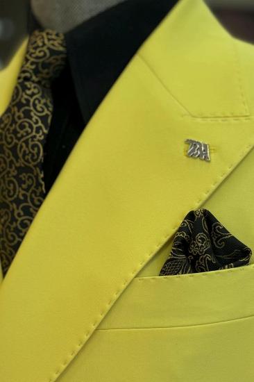Brady Yellow Double Breasted Peak Collar Slim Fit Mens Two Piece Prom Tuxedo_2