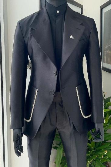 Brady Fashion Black Wide Lapel Patch Pockets Two Piece Men's Suit with White Seam Edges_1