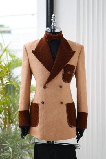 Tan Jacquard Velvet Peak Lapel Double Breasted Blazer Men Custom Formal Dinner Jacket_1