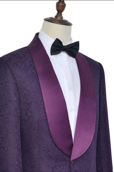 Luxurious Dark Purple One-Button Wedding Tuxedo | Silk Shawl Lapel Jacquard Ball Suit_4