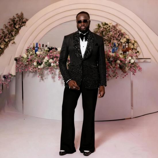Luxury Black Crystal Embellished Shawl Lapel Men's Tuxedo Suit for Wedding Prom Black Tie Events_2