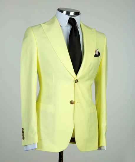 Light Yellow Pointed Collar Three Piece Men Business Suit_3
