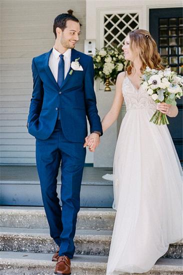 Mid Blue Notched Lapel Wedding Groom Men Suit