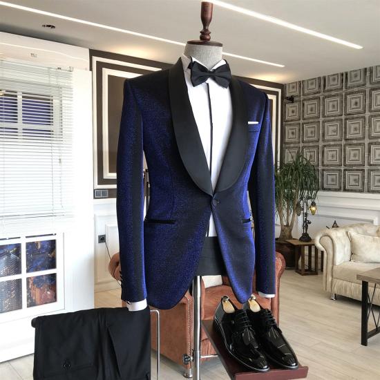 Luciano Shiny Navy Shawl Lapel Black Lapel Wedding Suit_2