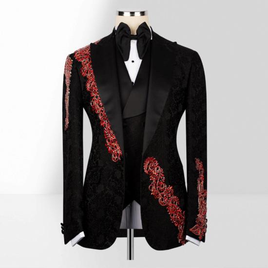 Black Jacquard Three Piece Tuxedo with Red Beaded Embroidery | Bradymensuit_3