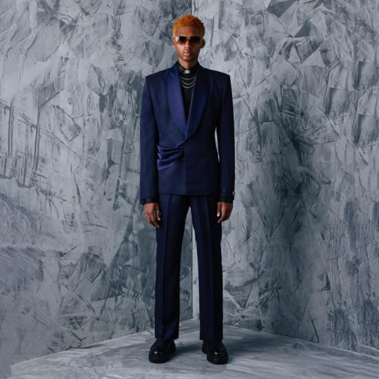 Brady Navy Two Piece Prom Suits With Velvet Shawl Lapel And Sash_3