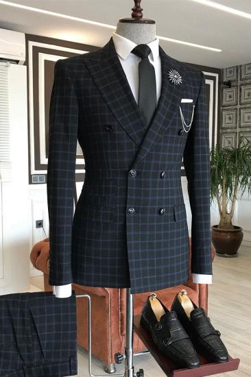 Heyman Formal Black Plaid Point Lapel Double Breasted Custom Business Men Suit_2