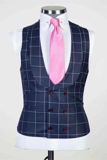 Justice Dark Navy Plaid Peaked Lapel Slim Fit Men Suits Business_2