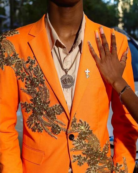 Orange Notched Lapel One Button Prom Suits With Golden Appliques | Men's Formal Wear_2