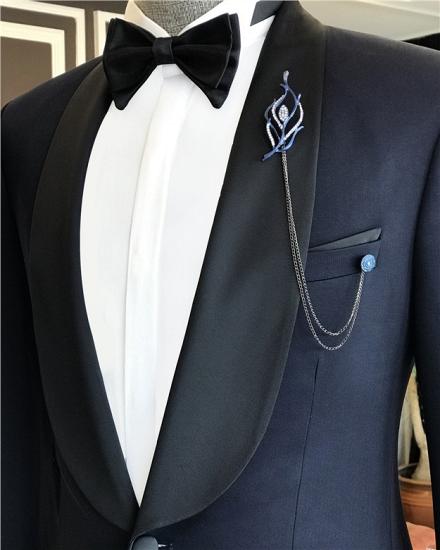 Allan Dark Navy Fashion Black Shawl Lapel One Button Wedding Men Suits_2