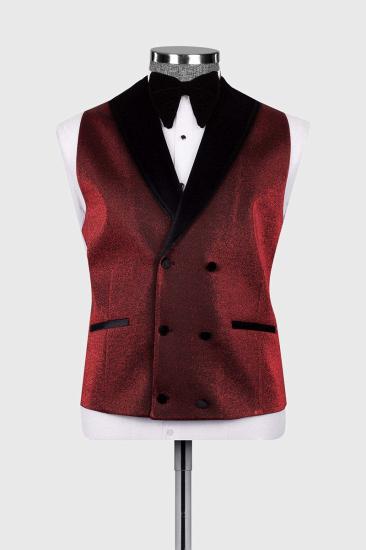 Red Jacquard Wedding Suit with Black Velvet Groom Three Piece Suit_3