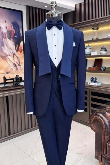 Italian Style Navy Blue Modern Slim Fit Shawl Collar Jacket Vest Trousers Groom Suit_1