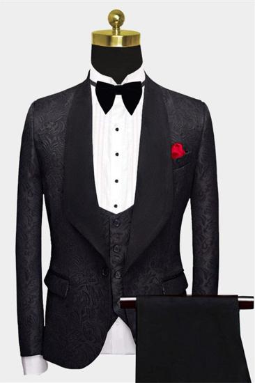 Business Black Mens Suit | Formal Three Piece Jacquard Wedding Suit_1