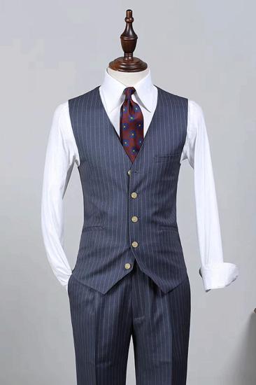 British Style Navy Blue Striped Peak Collar Mens Business Suit_4