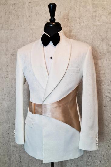 White Jacquard Tuxedo With Champagne Sash Custom Men Suit For Wedding Prom