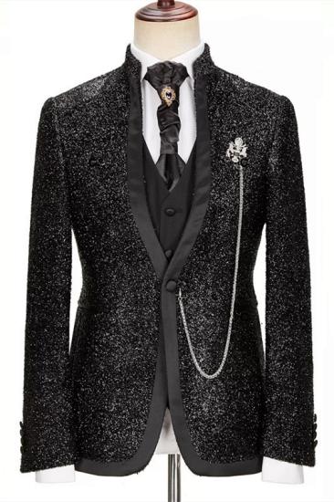 Black Dazzling Stand Collar Stylish Three Piece Prom Suit