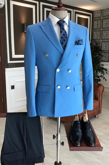Solomon Solid Blue Pointed Lapel Double Breasted Business Mens Suit_2