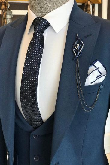 Navy Blue Crotch Collar One Button Men Three Piece Suit | Shawl Collar Vest Wedding Dinner Suit_3