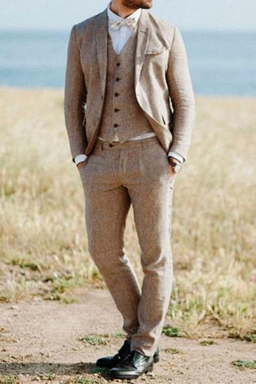 Khaki Linen Summer Beach Mens Classic Suit | 2022 Groom Wedding Tuxedo Set of 3_2