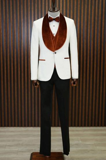 Brady Orange Velvet Shawl Lapel Jacquard Mens Slim Three Piece Tuxedo Suit_2