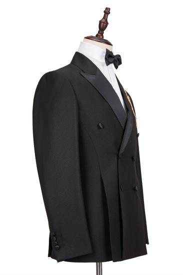 Classic Satin Peak Lapel Double Breasted Black Mens Wedding Suit Groom Tuxedos_3