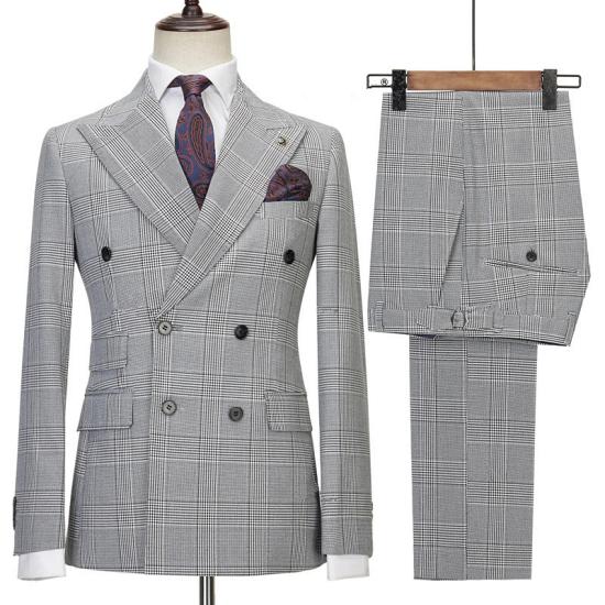Black Double Breasted Prince Wales Check Men Slim Two Piece Suit_2