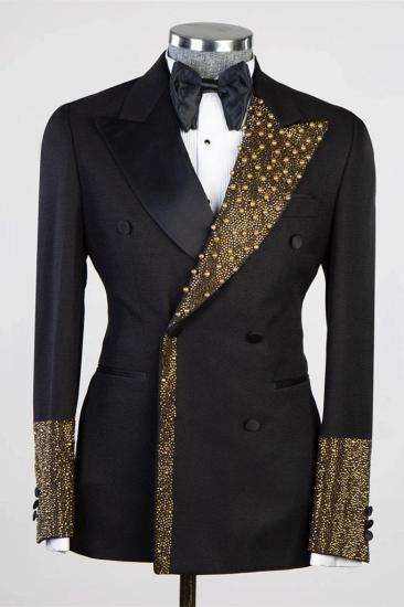 Black Peaked Lapel Double Breasted Two Piece Prom Suits With Gold Beading_1