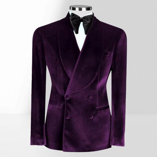 Purple Velvet Shawl Collar Double Breasted Men Two Piece Tuxedo_2