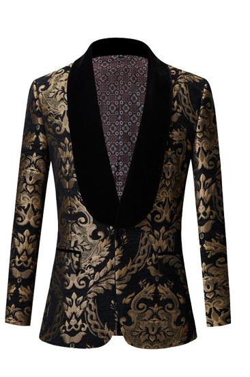 Black Slim Fit Jacquard Shawl Collar Men Two Piece Suit