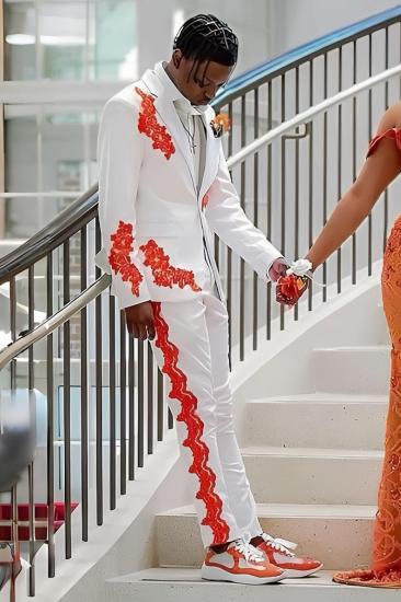 Hunter Bespoke White One Button Notched Lapel Applique Prom Suit for Men | Formal Tuxedo_1